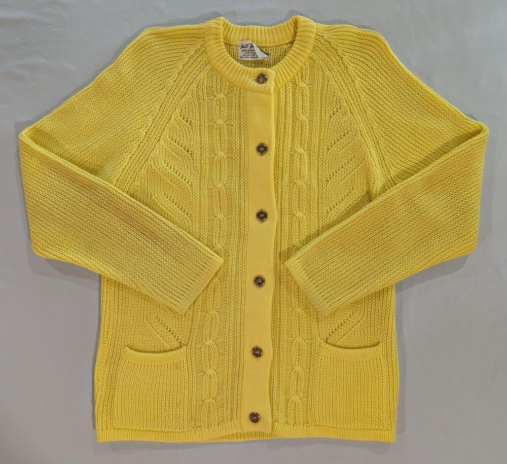 Vintage Full Fashioned Cardigan Sweater Womens L Yellow Cable Knit Hong Kong